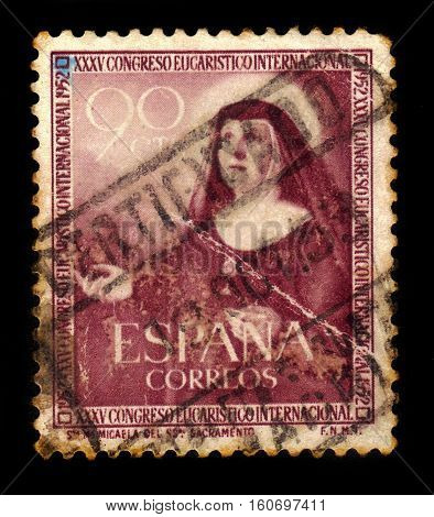SPAIN, CIRCA 1952: stamp printed in Spain shows portrait Saint Maria Micaela Desmaisieres (1809-1865), founder of the Handmaids of the Blessed Sacrament and of Charity, circa 1952
