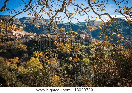 Scenic Mountain Autumn Landscape With  Village Langadia, Peloponnese, Greece