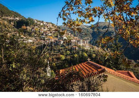 Scenic Mountain Autumn Landscape With  Village Langadia, Peloponnese, Greece