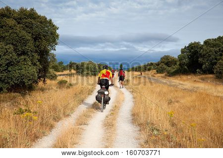 RABANAL SPAIN - AUGUST 05: Pilgrimn biker along the way of St. James on August 05 2016