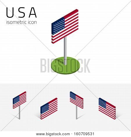 American flag (United States of America) vector set of isometric flat icons 3D style different views. 100% editable design elements for banner website presentation infographic poster map collage. Eps 10