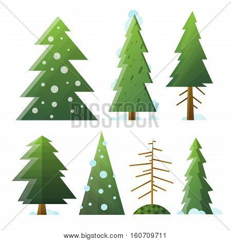 Collection of different cartoon green and dead fir trees. Isolated fir trees with snow for Happy New Year and winter holidays designs banners. Vector illustration art.