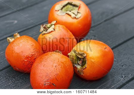 Persimmon, Fresh Ripe Persimmon On Wooden Table Fruits On Rustic Table