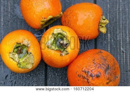 Persimmon, Fresh Ripe Persimmon On Wooden Table Fruits On Rustic Table