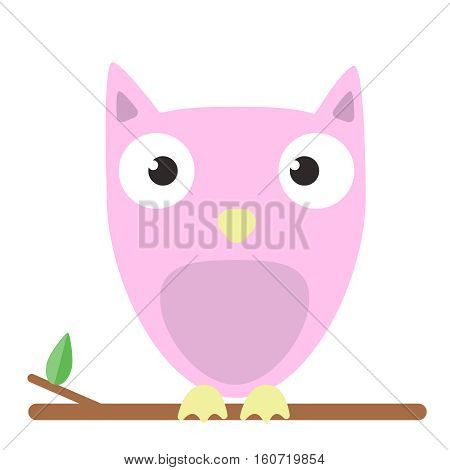 Vector image of a cute pink owl sitting on tree branch on white background