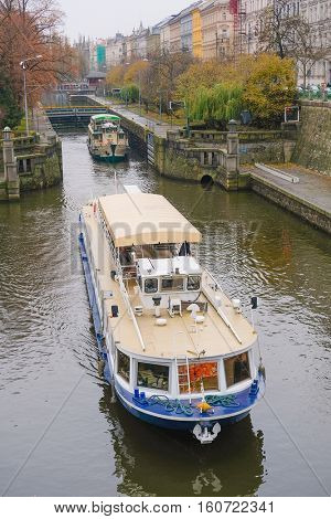 Ship on Vitava river in Prague, Czechia