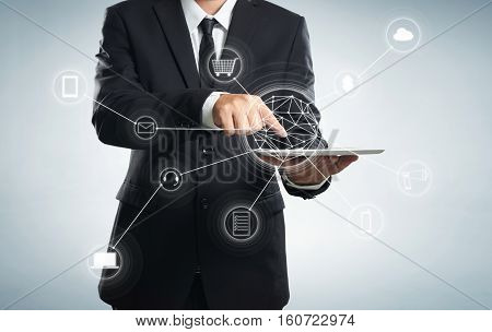 Man using mobile payments online shopping and icon customer network connection on screen m-banking and omni channel