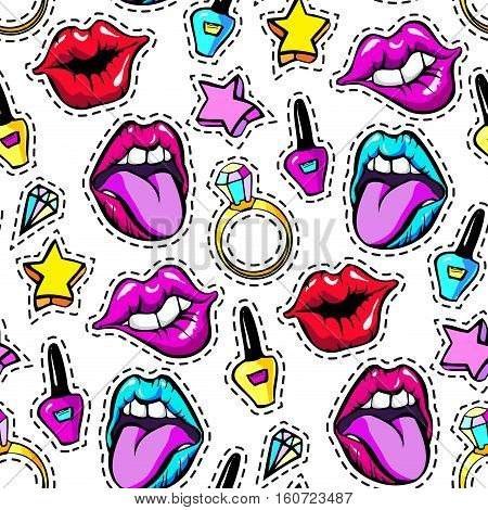 Seamless pattern with decorative fashion patch badges set with colorful girls elements. Girl patches in comic cartoon 80-90 style. Vector illustration stock vector.