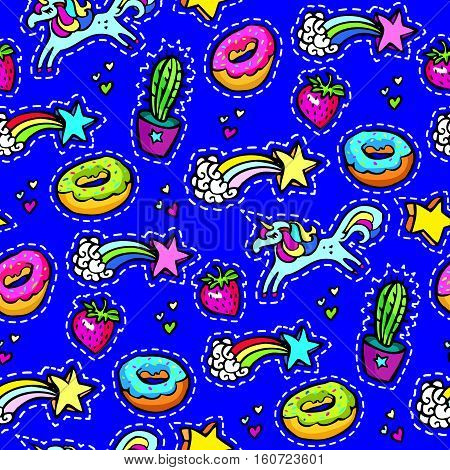 Seamleaaa pattern with decorative fashion patch badges of colorful girls elements. Blue background. Girl patches in comic cartoon 80-90 style. Vector illustration stock vector.