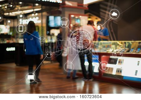 Online shopping icon customer network connection concept.