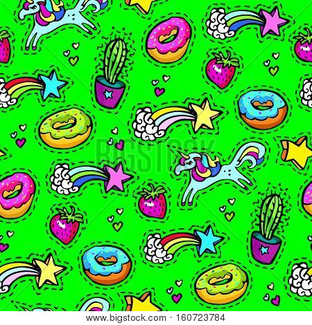 Seamleaaa pattern with decorative fashion patch badges of colorful girls elements. Green background. Girl patches in comic cartoon 80-90 style. Vector illustration stock vector.