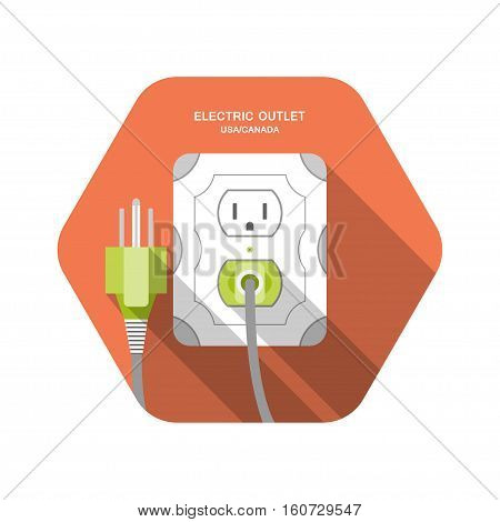 Electric outlet type B vector isolated icon with the inserted green plug on the red hexagon background with shadow.