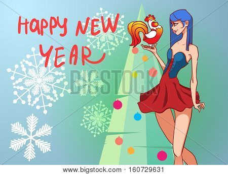 Christmas card with a beautiful girl with a Christmas tree in the background. The symbol of the new year rooster. festive vector cartoon background