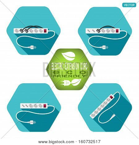 Vector hexagon icons set of modern electric extension cord type B with shadow on the turquoise background.