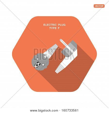 Electric dark gray plug type F vector isolated icon with shadow on the hexagon red background.