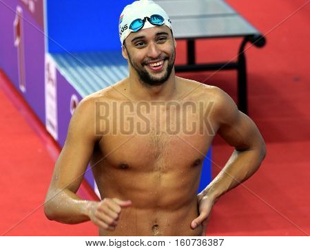 Hong Kong China - Oct 29 2016. Olympic and world champion swimmer LE CLOS Chad (RSA) after the Men's Butterfly 50m Final. FINA Swimming World Cup Victoria Park Swimming Pool.