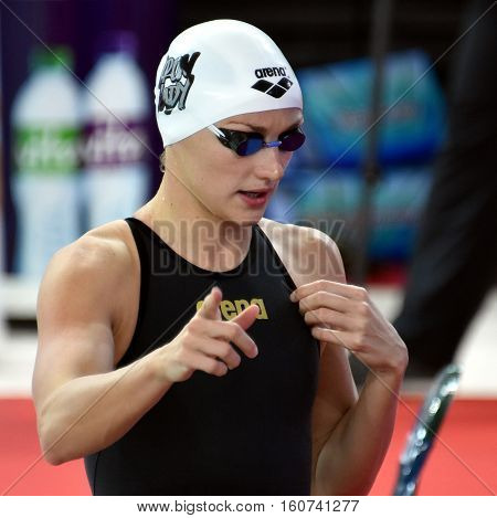 Hong Kong China - Oct 29 2016. Katinka HOSSZU (HUN) at the start of the Women's Freestyle 800m Final. FINA Swimming World Cup Victoria Park Swimming Pool.