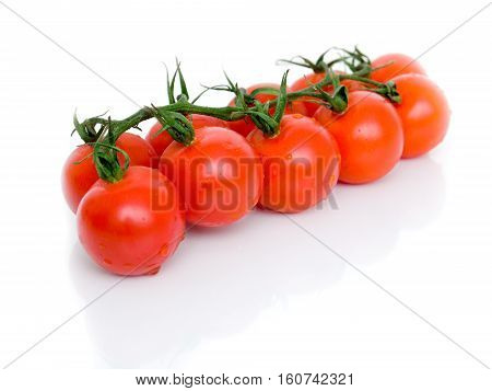 Ripe Fresh Cherry Tomatoes on Branch Isolated on White Background