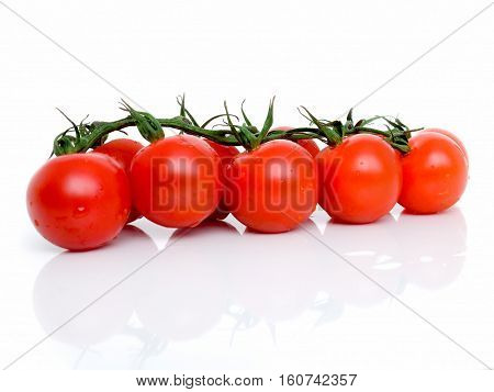 Ripe Fresh Cherry Tomatoes on Branch Isolated on White Background