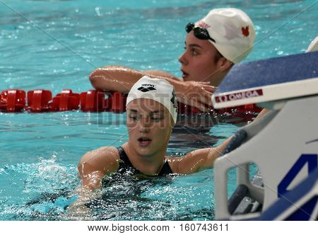 Hong Kong China - Oct 29 2016. Katinka HOSSZU (HUN) and ANDERSON Olivia (CAN) after the Women's Freestyle 800m Final. FINA Swimming World Cup Victoria Park Swimming Pool.