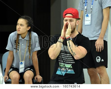 Hong Kong China - Oct 29 2016. Shane TUSUP (USA) coach and husband of Katinka Hosszu (HUN) olympic champion swimmer in Victoria Park Swimming Pool. FINA Swimming World Cup Finals.