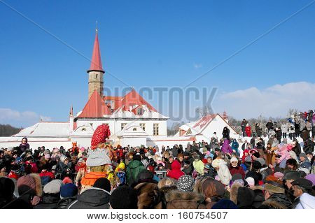 Gatchina, Leningrad region, Russia - March 5, 2011: Maslenitsa. a traditional spring holiday at the Russian peoples. Festivities Maslenitsa near Priory Palace.