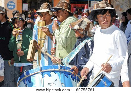Humahuaca Argentina - 23 January 2011: Indios making music on a celebration of the feast of the Virgin at Humahuaca on Argentina andes