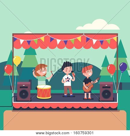 Kids music band playing and rocking at town public park festival. Modern flat style vector illustration cartoon clipart.