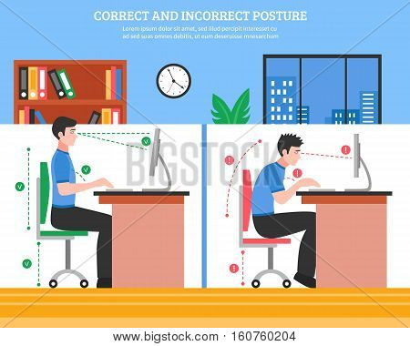 Young man demonstrating correct and incorrect sitting postures for healthy spine while working on computer flat vector illustration