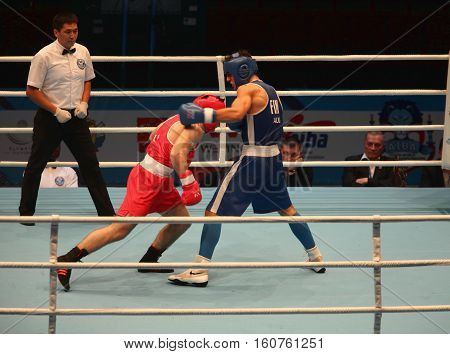 St. Petersburg Russia November 21 2016 AIBA Youth World Boxing Championship boxing uppercut strong hit bottom