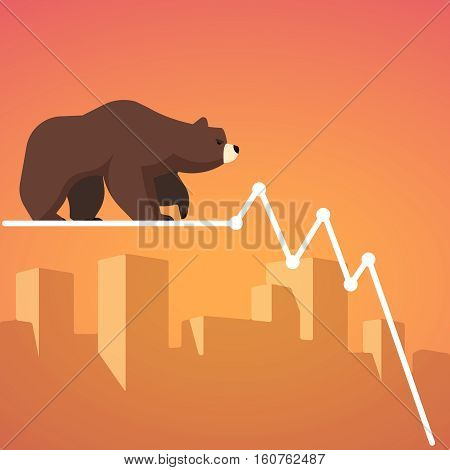 Stock exchange market bears metaphor. Falling, declining down stock price. Trading business concept. Modern fat style vector illustration.
