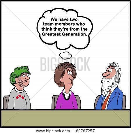 Color business cartoon about two very different businessmen on the same team, they both think they are from the Greatest Generation.