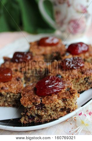 Delicious homemade cereal cake decorated with dates