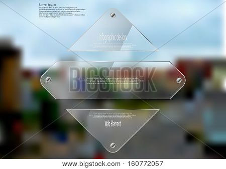 Illustration infographic template with motif of glass rhombus horizontally divided to three sections. Blurred photo with crossroad motif is used as background with street in the city.