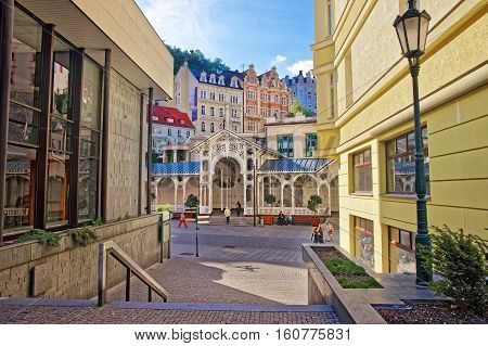 People Near Market Colonnade Of Karlovy Vary Czech Republic