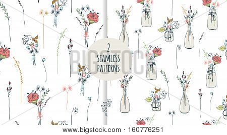 Two seamless pattern with thin long flowers. Trendy seamless foral background in vector. (under clipping mask)