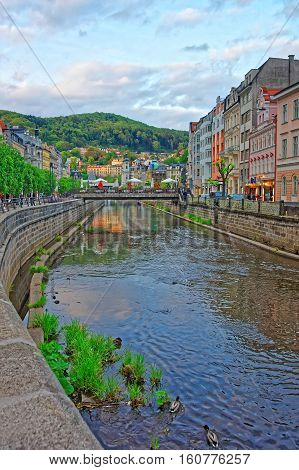 Tepla River And St Mary Magdalene Church In Karlovy Vary