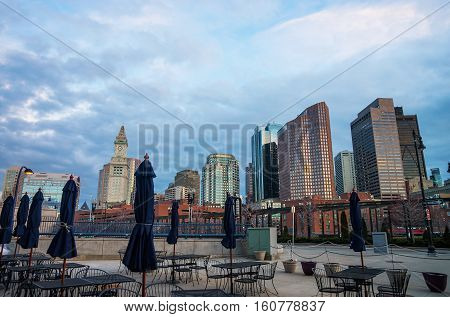 Custom House Tower And Cafe With Umbrellas At Boston