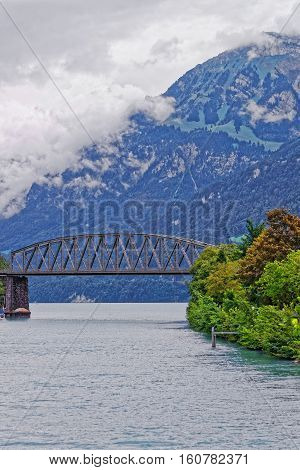 Bridge Above Lake Brienz And Brienzer Rothorn Mountain Bern Switzerland