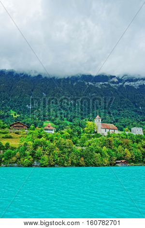 Church At Brienz Lake And Brienzer Rothorn Mountain Bern Swiss