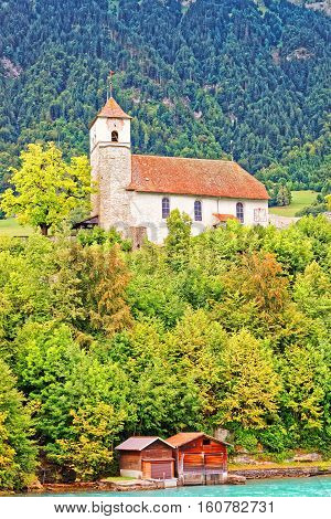 Church In Brienz Lake And Brienzer Rothorn Mountain Bern Swiss
