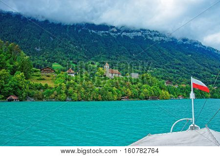 Church In Lake Brienz And Brienzer Rothorn Mountain Bern Swiss