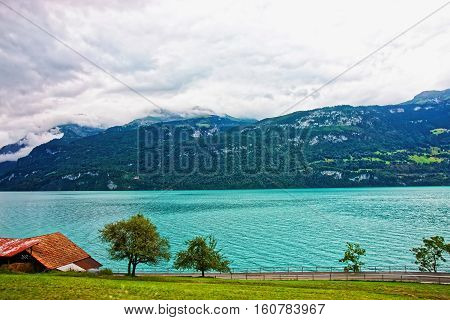 Panorama With Lake Brienz And Brienzer Rothorn Mountain Bern Switzerland