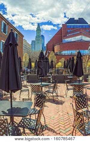 Custom House Tower And Cafe With Umbrellas At Long Wharf