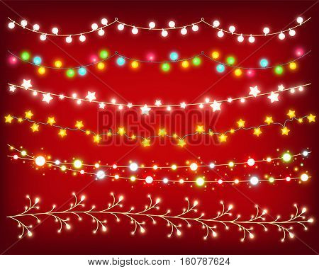 Garland colorful shining set on red background to decorate card poster banner flyer and for Christmas design. Collection of glowing vector garlands