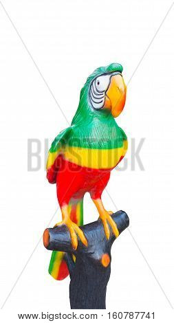 Big Parrot on white background. Isolated parrot mold. The parrot on stick.