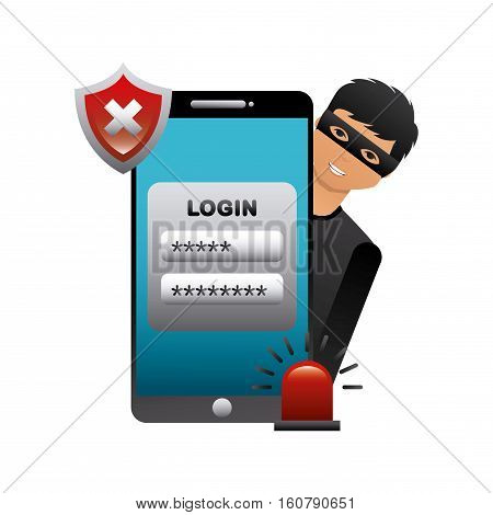 cartoon hacker man with smartphone device and wrong shield. cyber security concept. colorful design. vector illustration