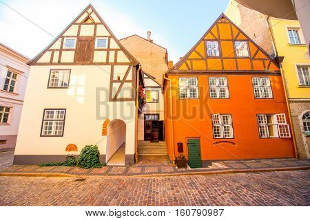 Ancient half-timbered residential houses in the old town of Riga, Latvia
