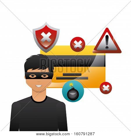 cartoon hacker man with credit card icon over white background. cyber security concept. colorful design. vector illustration