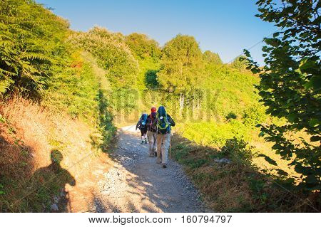 GALICIA SPAIN - AUGUST 10: Pilgrimns along the way of St. James on 10 2016